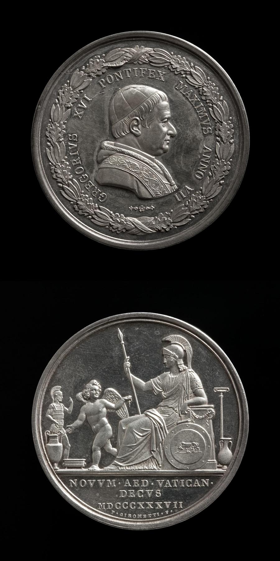 Medaljens forside: Pave Gregor 16. Medaljens bagside: En vinget genius viser Roma de etruskiske antikker, F82