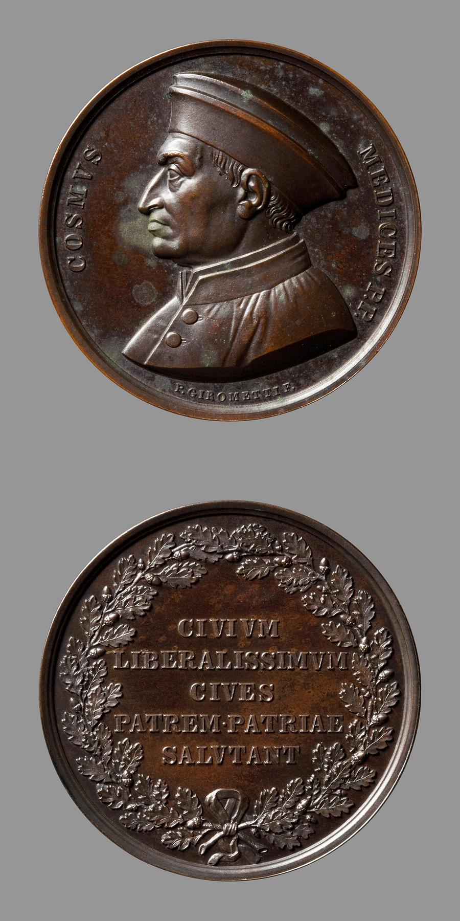 Medaljens forside: Hertug Cosimo 1. Medici. Medaljens bagside: Krans af egegrene, F85