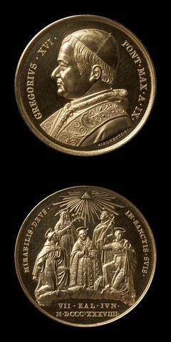 F78 Medaljens forside: Pave Gregor 16. Medaljens bagside: Fem helgener overstrålet af Guds øje