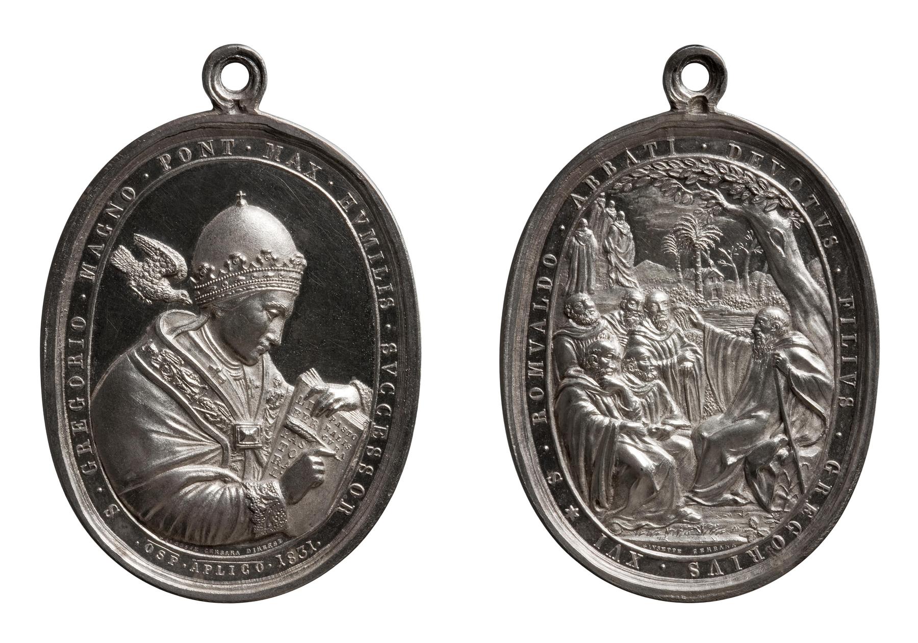 Medaljens forside: Pave Gregor 1. den Store. Medaljens bagside: Sankt Romualdos vision, F42
