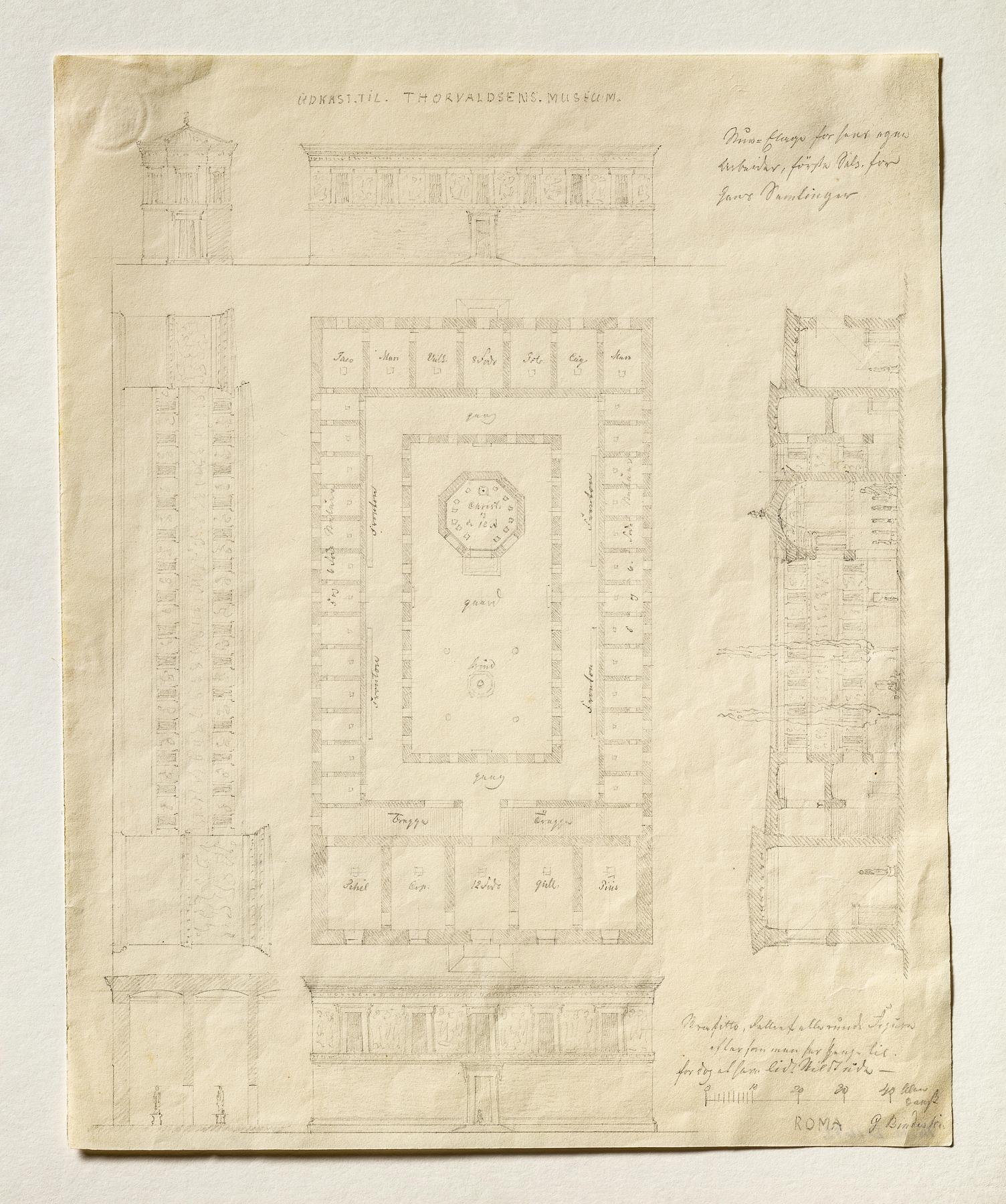 Thorvaldsens Museum, Early Sketch for Ground Plan, Elevations and Longitudinal Section, D1672