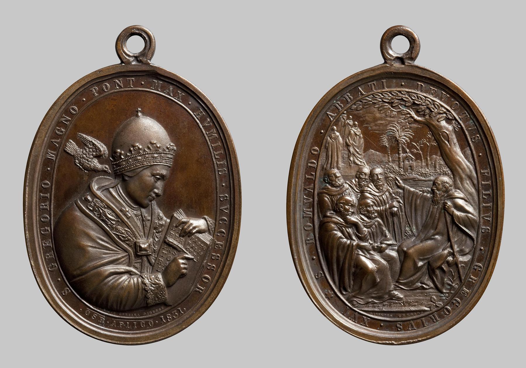 Medaljens forside: Pave Gregor 1. den Store. Medaljens bagside: Sankt Romualdos vision, F43