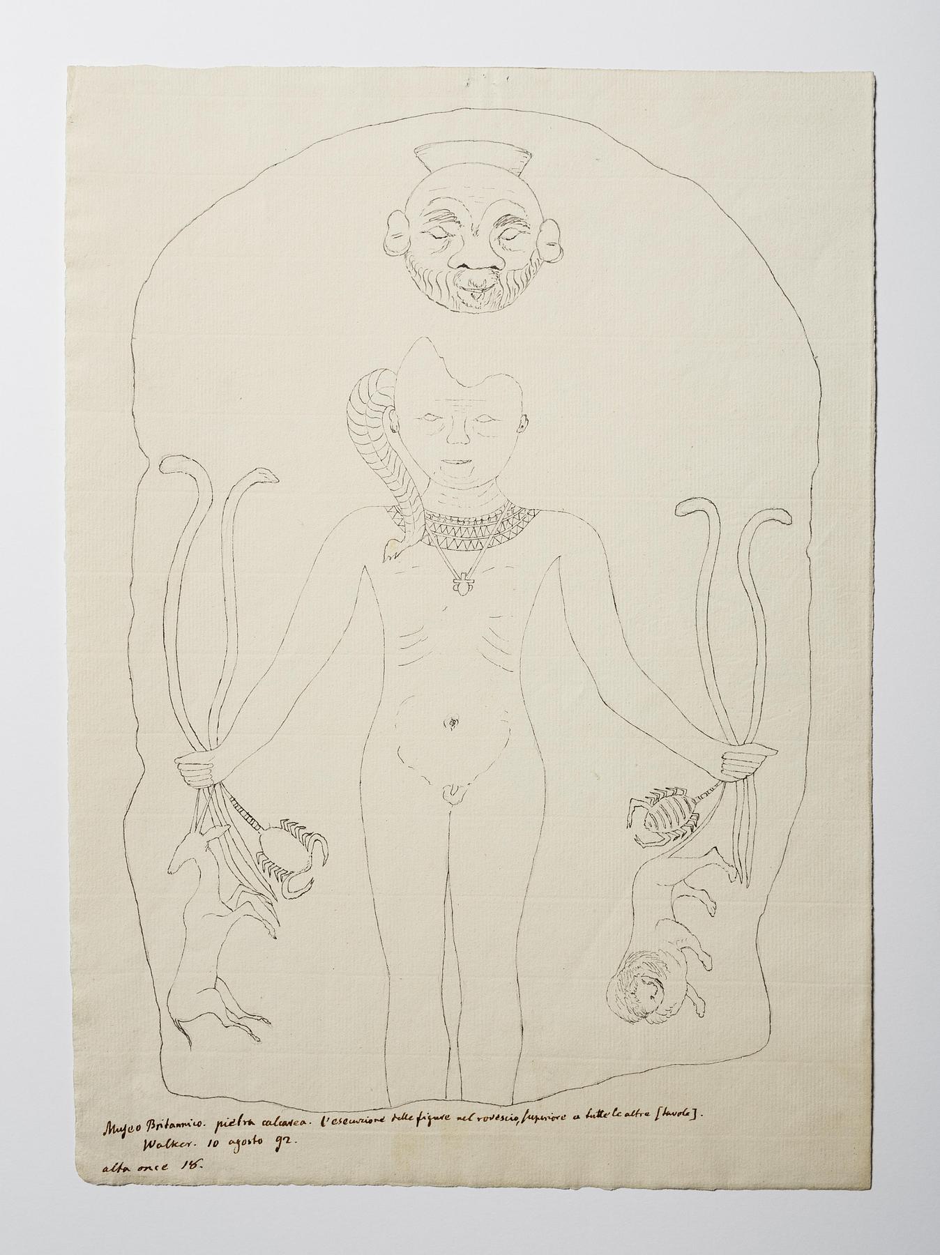 Skægget maske. Figur med skorpion, slanger, antilope og løve, D1166r