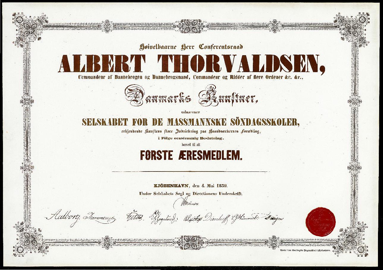 Thorvaldsens æresdiplom fra de Massmannske søndagsskoler, N351