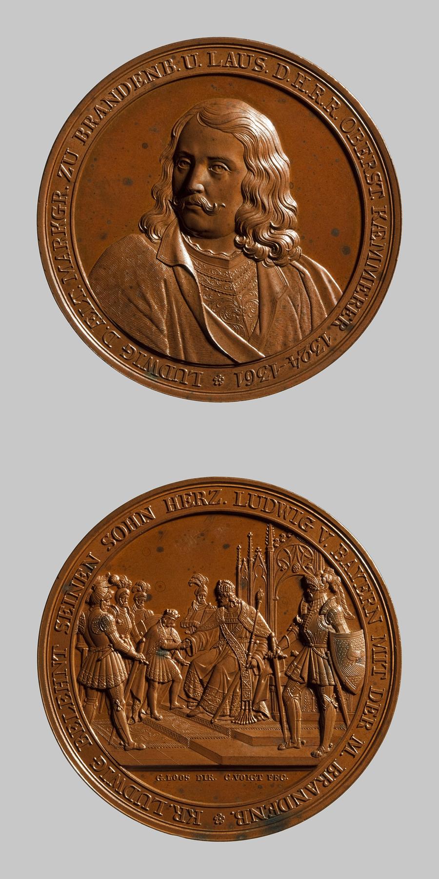 Medaljens forside: Ludwig den Ældre af Brandenburg. Medaljens bagside: Kejser Ludwig af Bayern og hans søn Ludwig med fem formyndere og rådgivere, F120