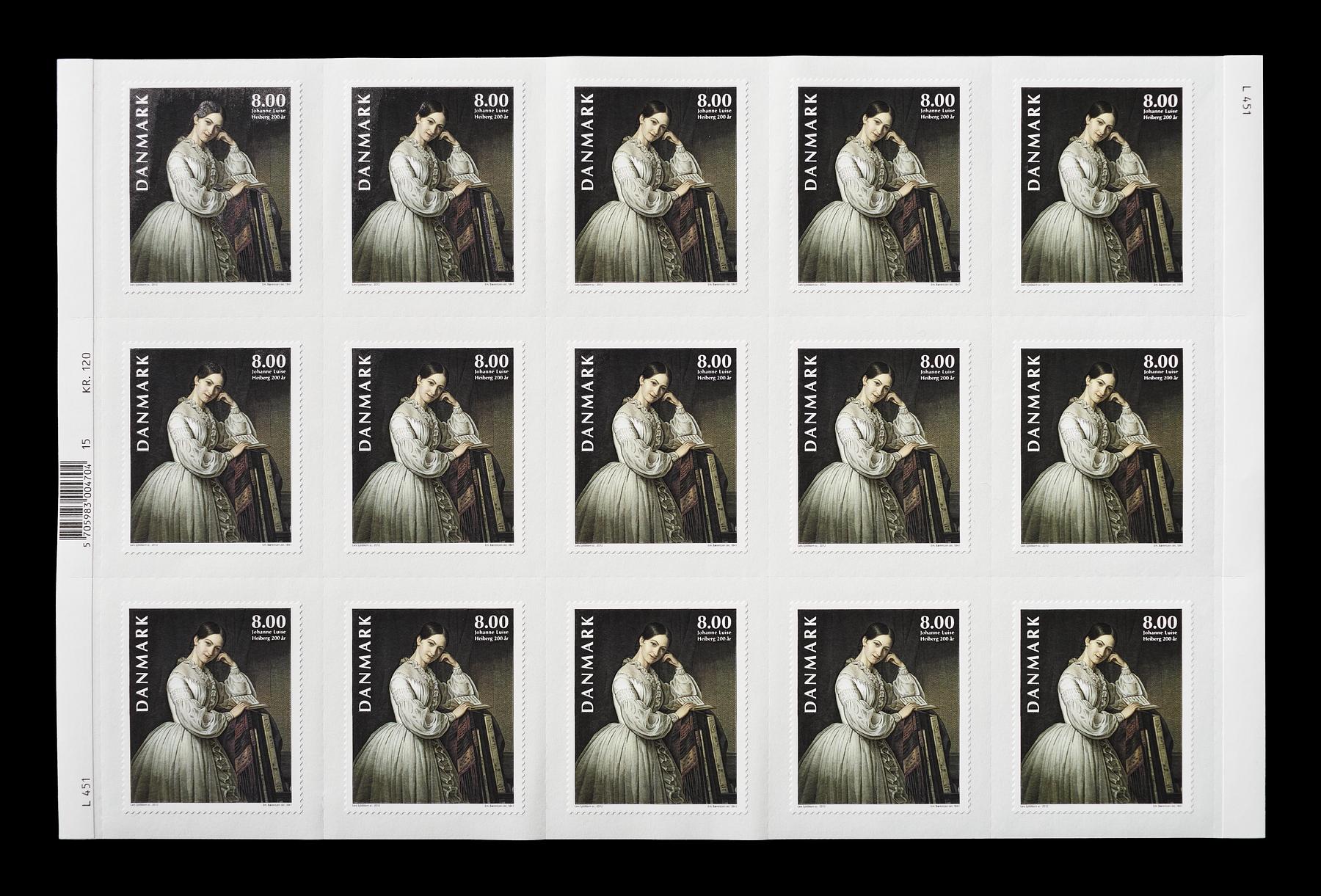 Sheet of 15 Danish Stamps with Emil Bærentzen's Portrait of Johanne Luise Heiberg, E2342