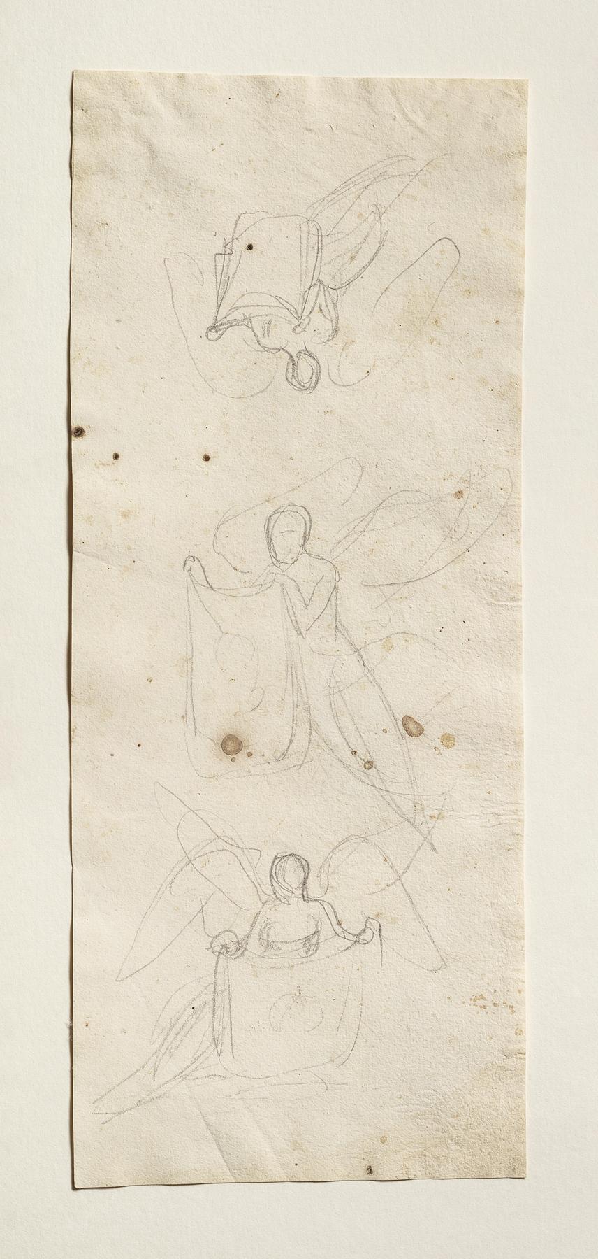 Svævende engel holder et klæde med en portrætskitse til et ubekendt gravmæle, C177r