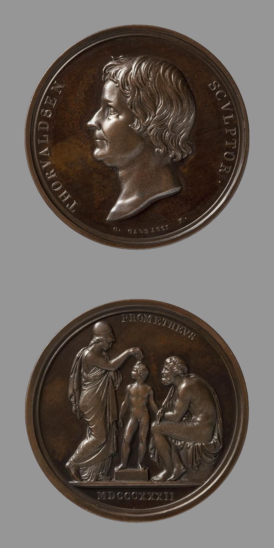 Medaljens forside: Portræt af Thorvaldsen. Medaljens bagside: Minerva og Prometheus, F6