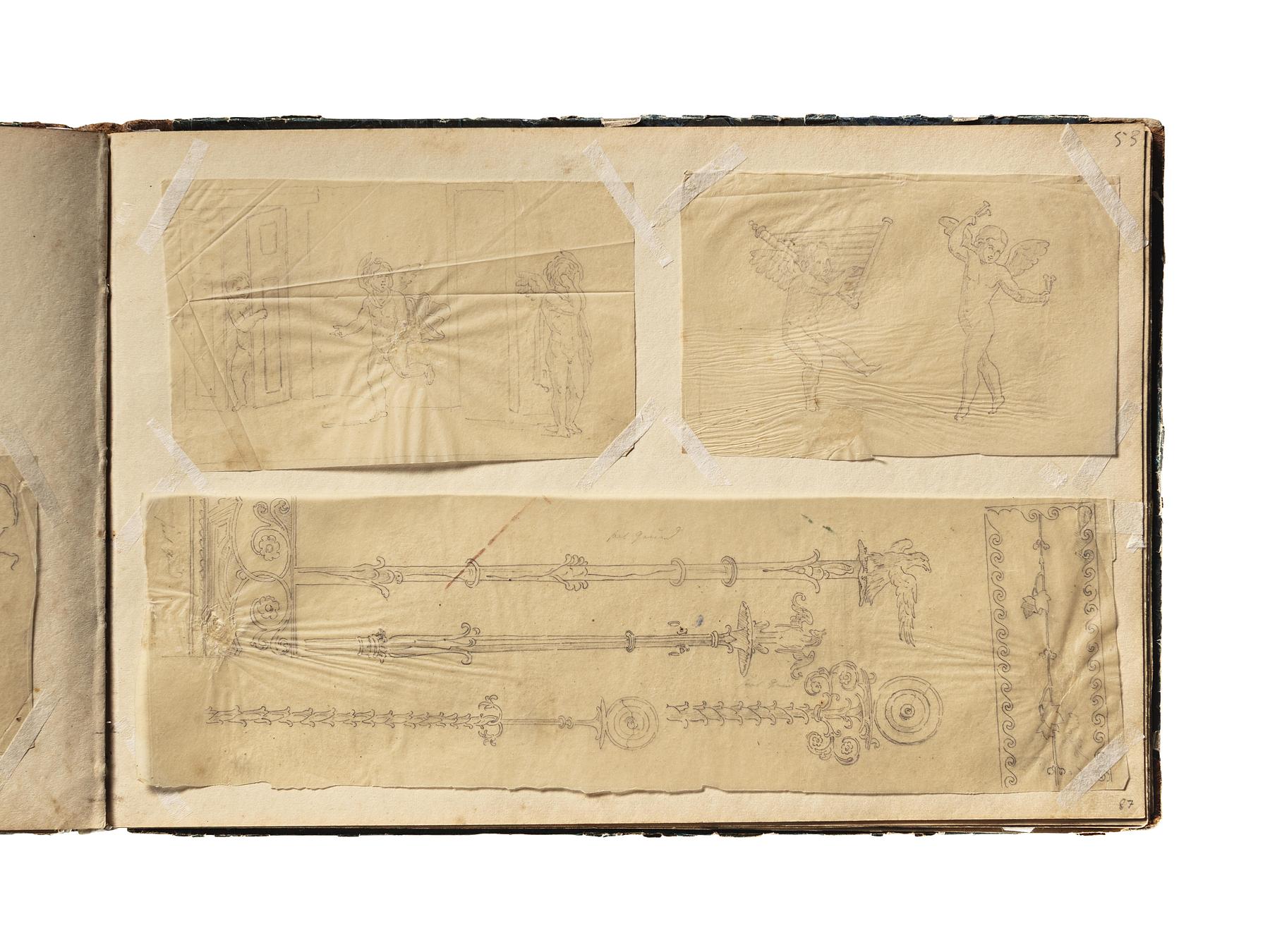 Amoriner i et interiør. Amoriner med musikinstrumenter. Ornamenter, D1827,87