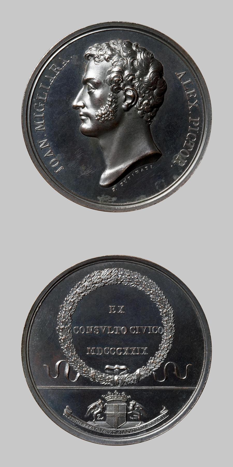 Medaljens forside: Arkitekturmaleren Giovanni Migliara. Medaljens bagside: Egekrans og våbenskjold, F112