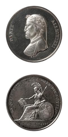 F113 Medal obverse: The poet Dante Alighieri. Medal reverse: Roma seated by a shield with the coat of arms of Gregor XVI