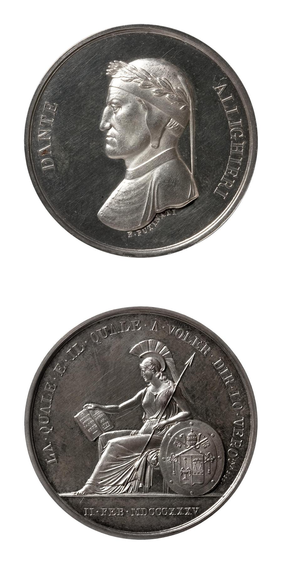 Medaljens forside: Digteren Dante Alighieri. Medaljens bagside: Roma sidder ved et skjold med Gregor 16.s våben, F113