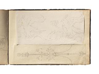 D1827,73 Birds Riding on Dolphins. Wall Decoration in Pompeiian Style with two Dancing Figures
