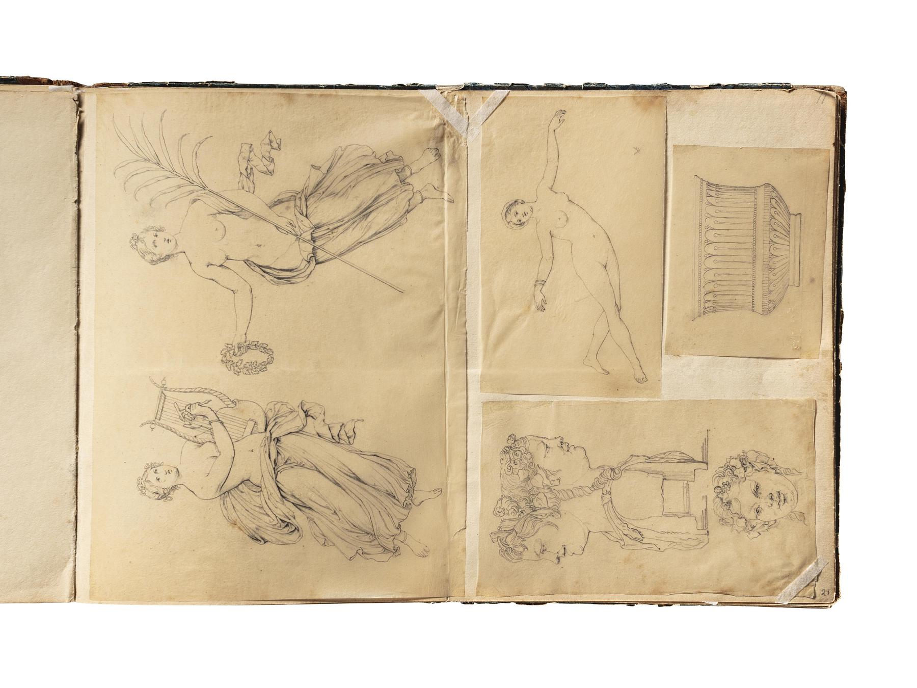 Svævende kvinde med lyre. Svævende kvinde med krans og palmeblad (?). Dobbelthoved-buste af en satyr og bacchantinde over et satyrhoved. Svævende nøgen kvinde. Skål, D1827,21