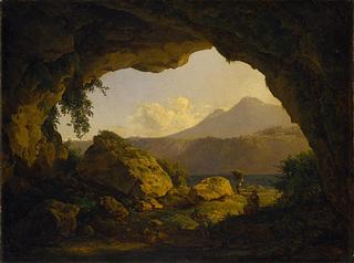 B169 Udsigt fra en grotte over Lago di Nemi og Monte Cavo