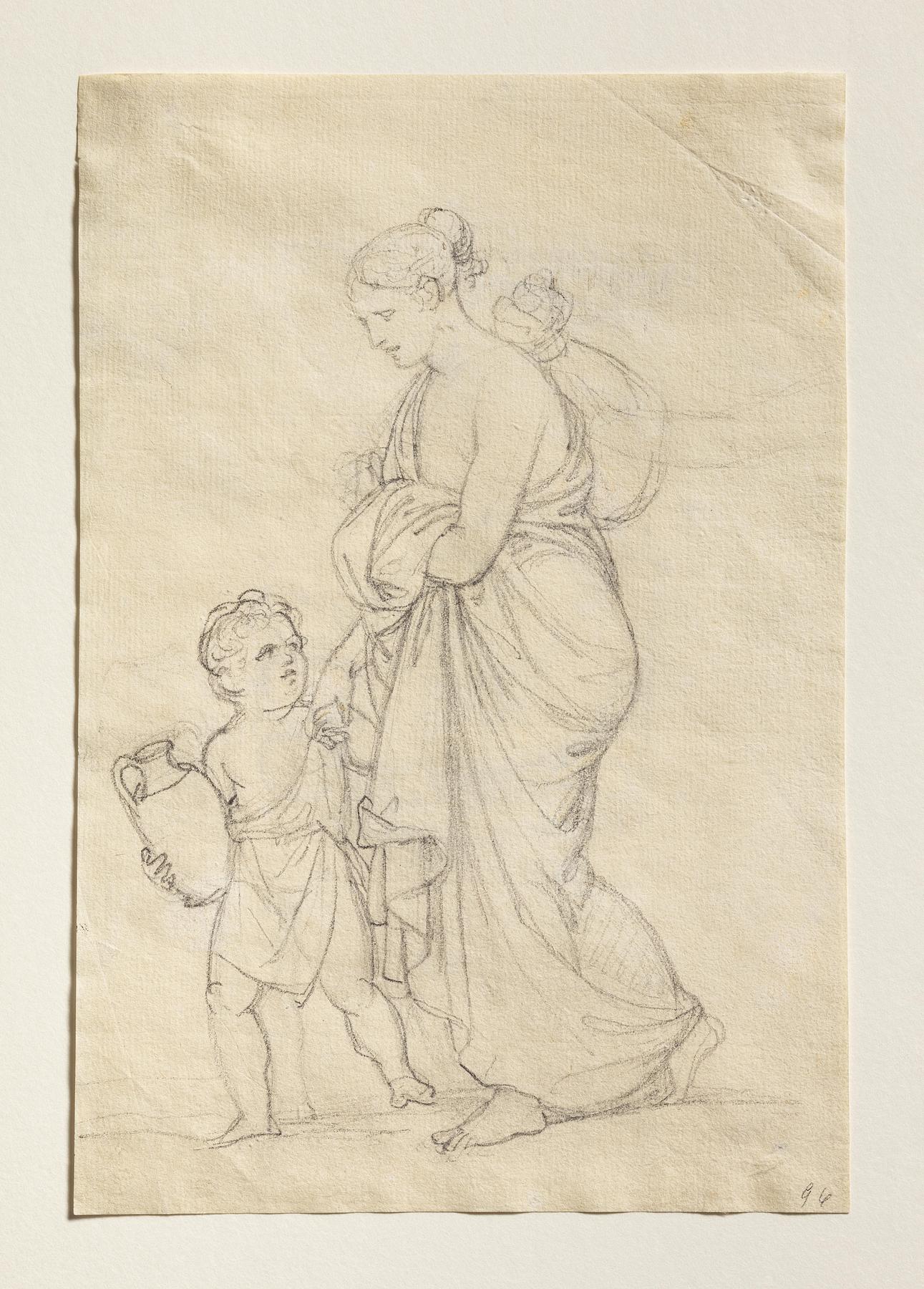 Woman walking with a child who is carrying a jug of water (Hagar and Ishmael?), C96r