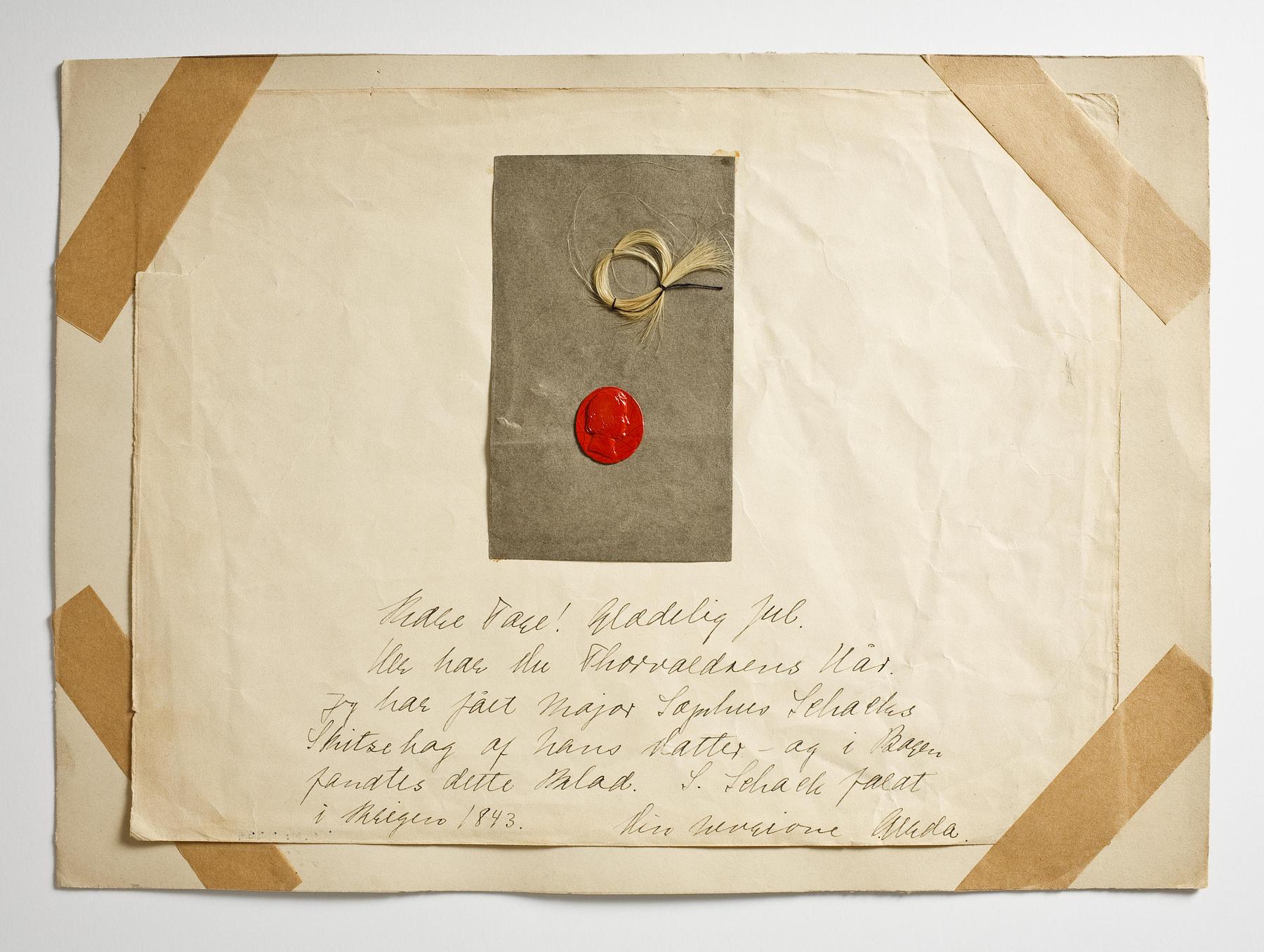 Lock of Thorvaldsen's hair and red wax seal with portrait of Thorvaldsen, N355