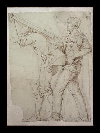 N1009 Two working men carrying, respectively, a relief and the busts of Adam Oehlenschläger and Christine Stampe