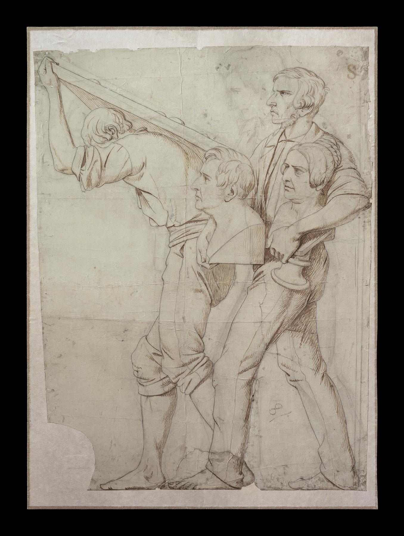 To mænd med henholdsvis et relief og busterne af Adam Oehlenschläger og Christine Stampe, N1009