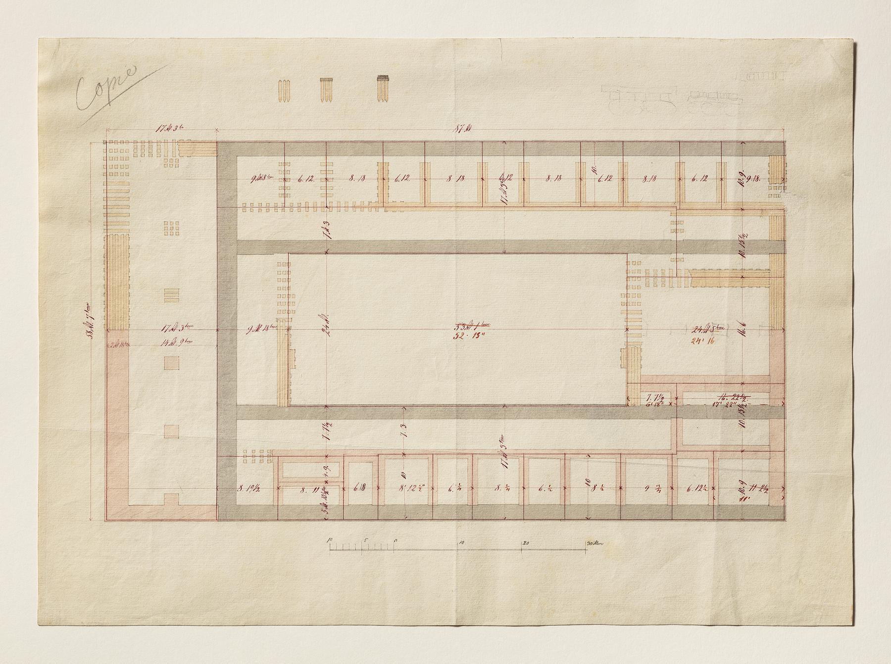 Thorvaldsens Museum, plan af kælderen med pilotering og vognremisens fundamenter, D1753