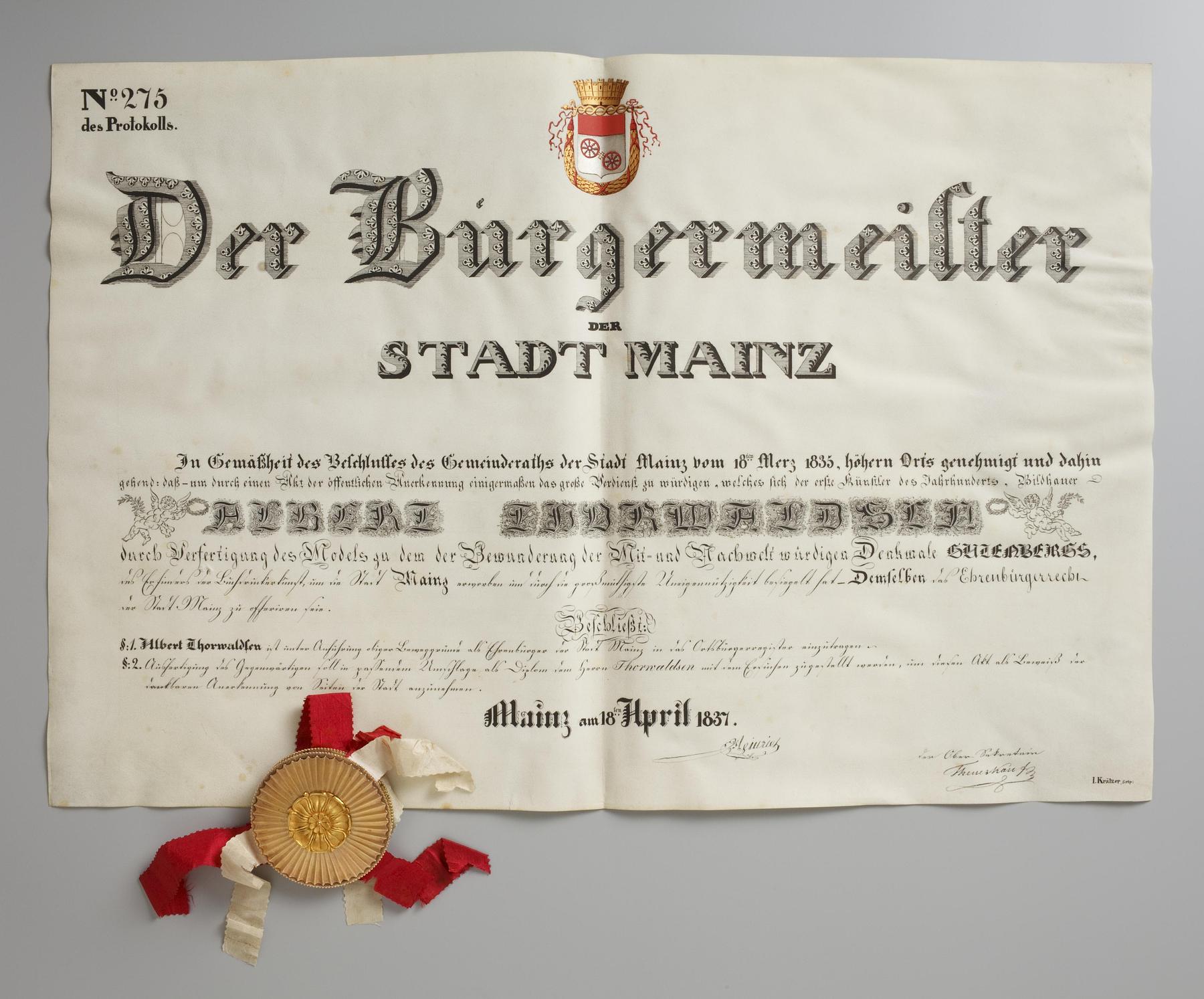 Certificate of honorary citizenship bestowed on Thorvaldsen in the city of Mainz, N35