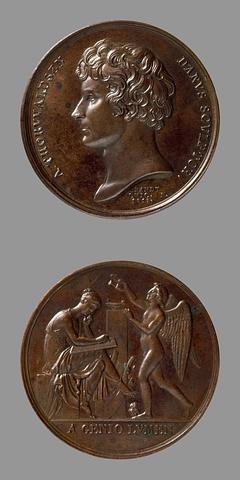 F2 Medaljens forside: Portræt af Thorvaldsen. Medaljens bagside: A genio lumen (Kunsten og Lysets genius)