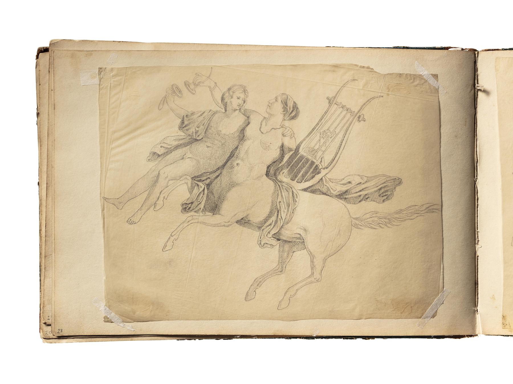 Kvindelig kentaur med lyre løfter en ung mand, D1827,28