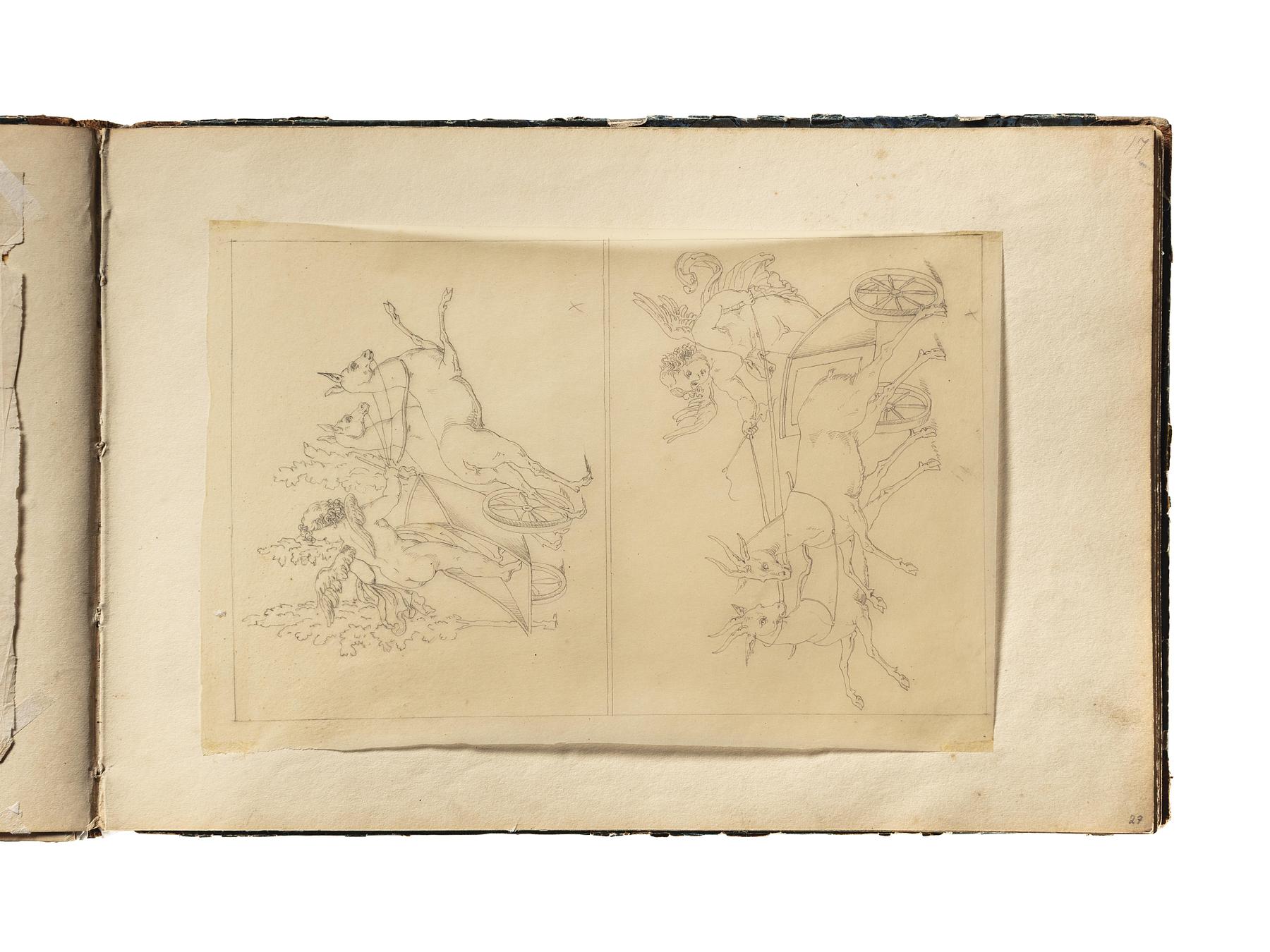 Putto på vogn trukket af to hjorte. Putto på vogn trukket af to geder, D1827,27
