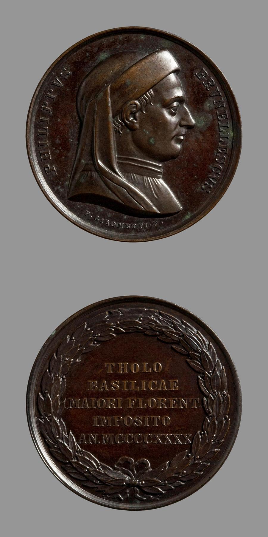 Medaljens forside: Arkitekten Filippo Brunelleschi. Medaljens bagside: Laurbærkrans med inskription, F83