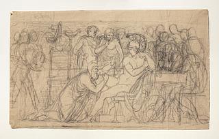 C161r Priamos bønfalder Achilleus om Hektors lig