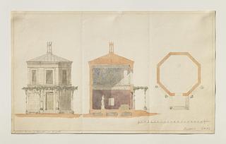 D1749 Pavillon for Thorvaldsen på Skovgaard, grundplan, snit og opstalt