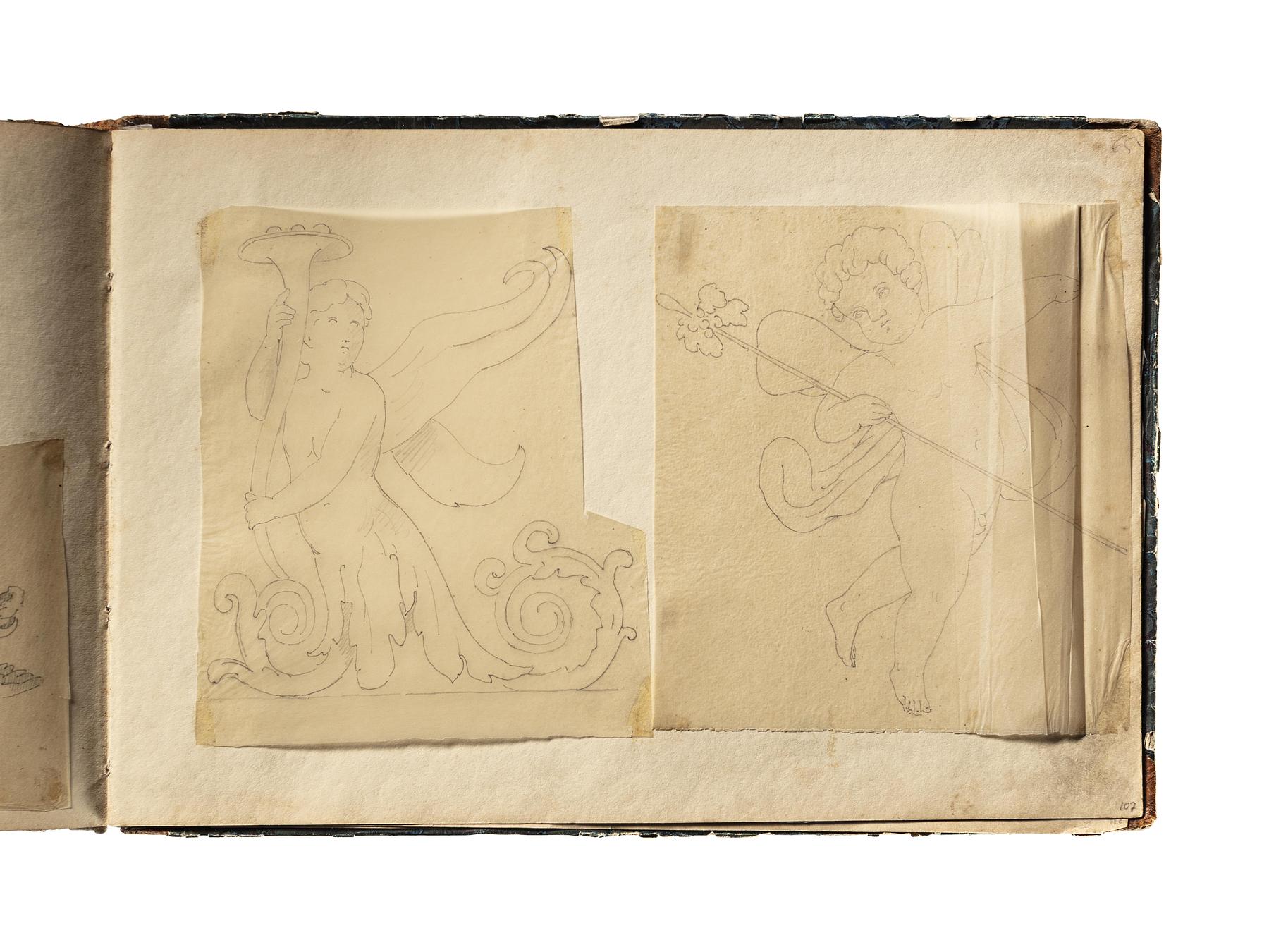 Ornament med figur. Svævende amorin, D1827,107