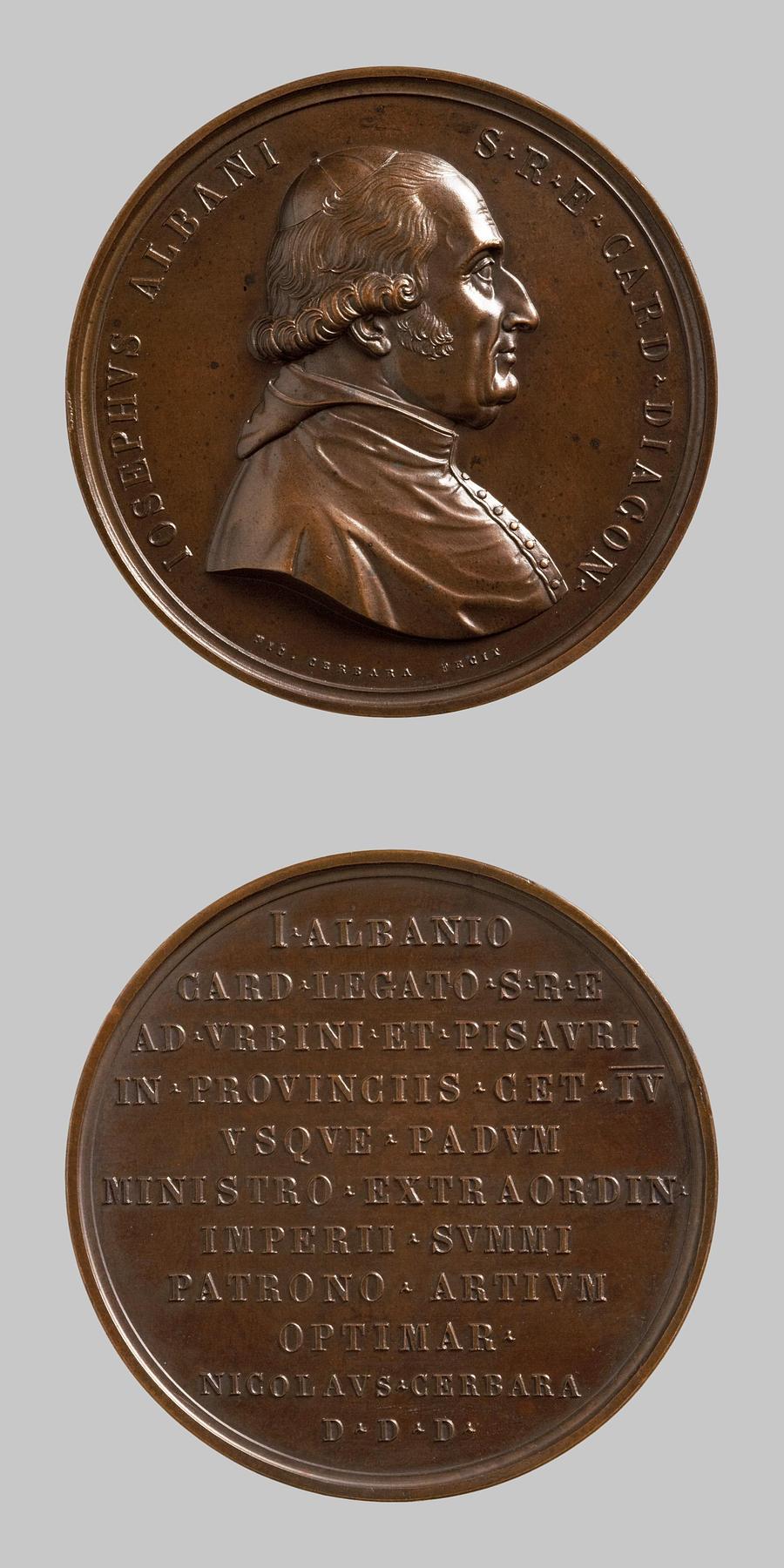 Medaljens forside: Kardinal Giuseppe Albani. Medaljens bagside: Indskrift, F46