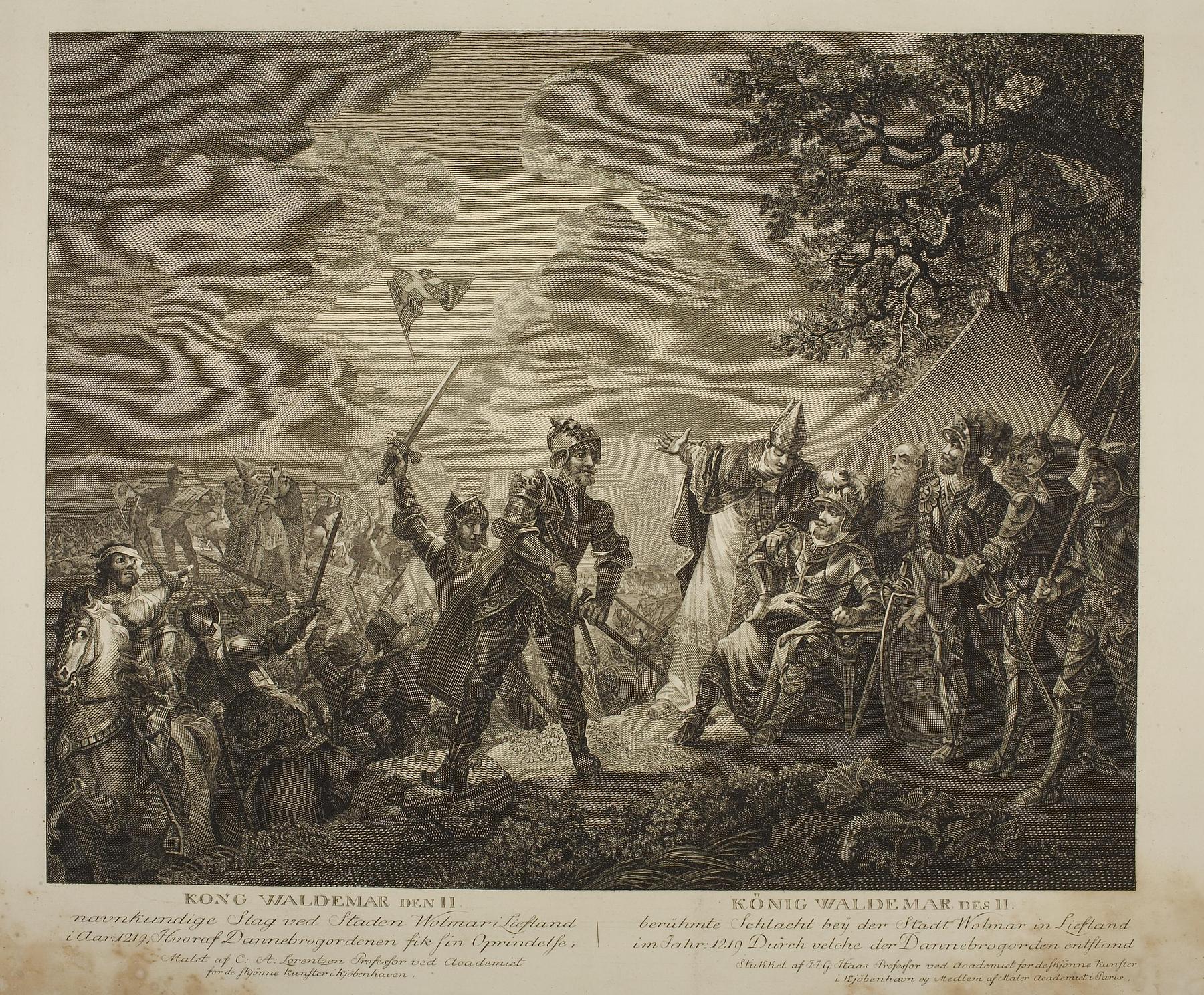 Dannebrog falder ned fra himlen under Volmerslaget ved Lyndanise 15. juni 1219, E1993