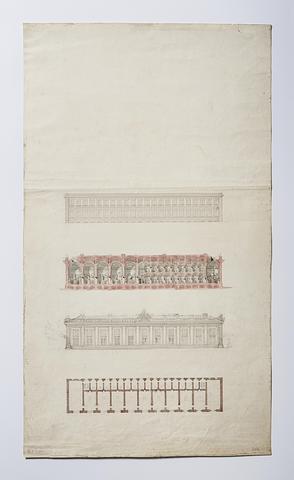 D1601r Thorvaldsens Museum, Early Sketch for Plan, Elevation and Section