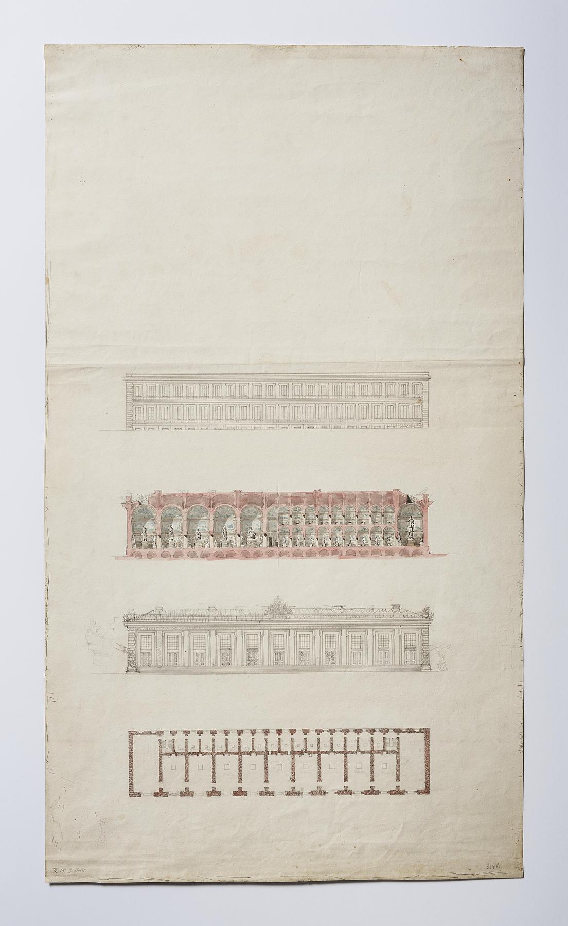 Thorvaldsens Museum, tidligt udkast til plan, snit og opstalt, D1601r
