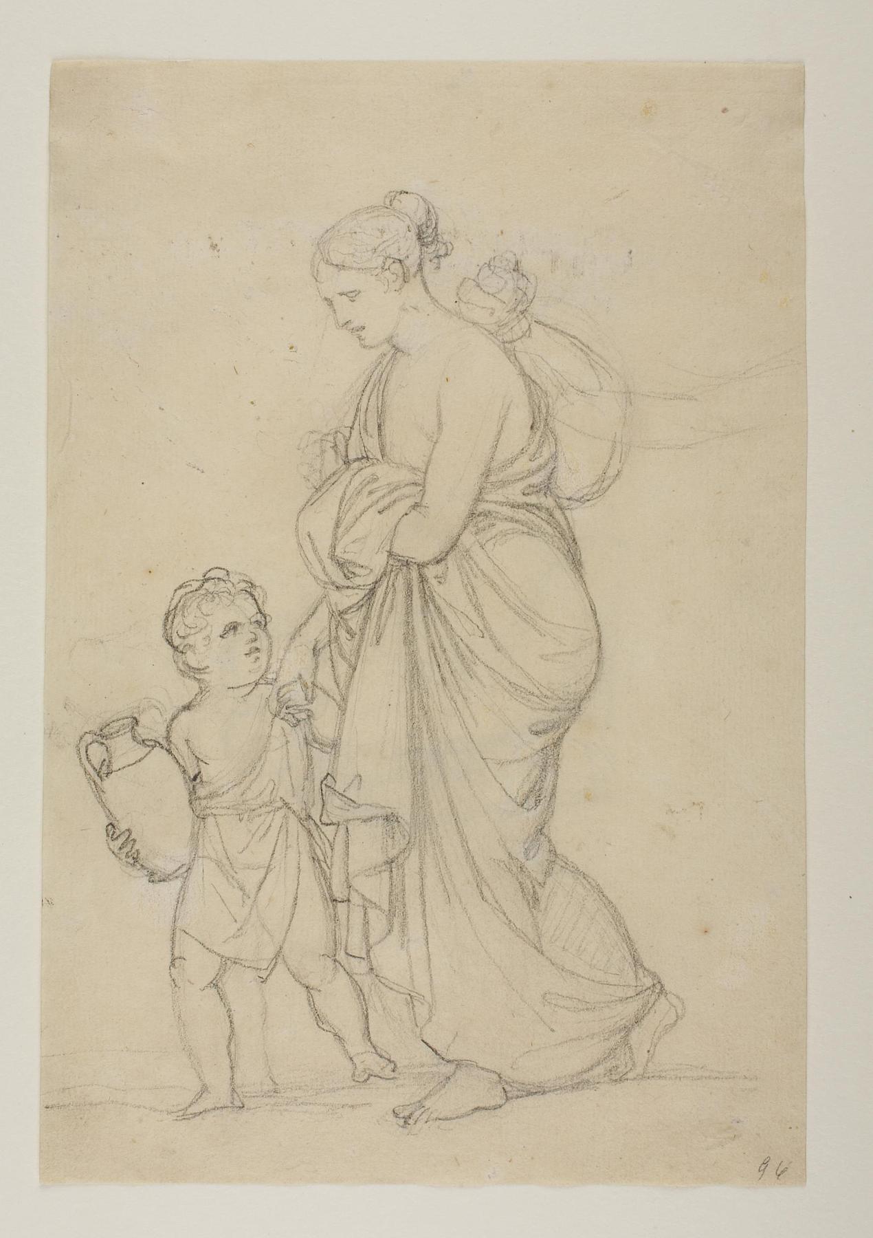 Kvinde gående med et barn, der bærer en vandkrukke (Hagar og Ismael?), C96r