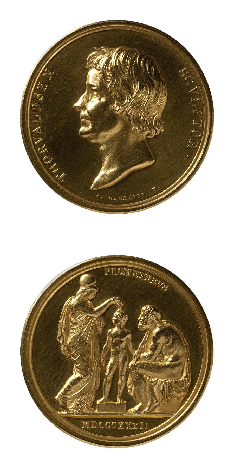 Medaljens forside: Portræt af Thorvaldsen. Medaljens bagside: Minerva og Prometheus, F7