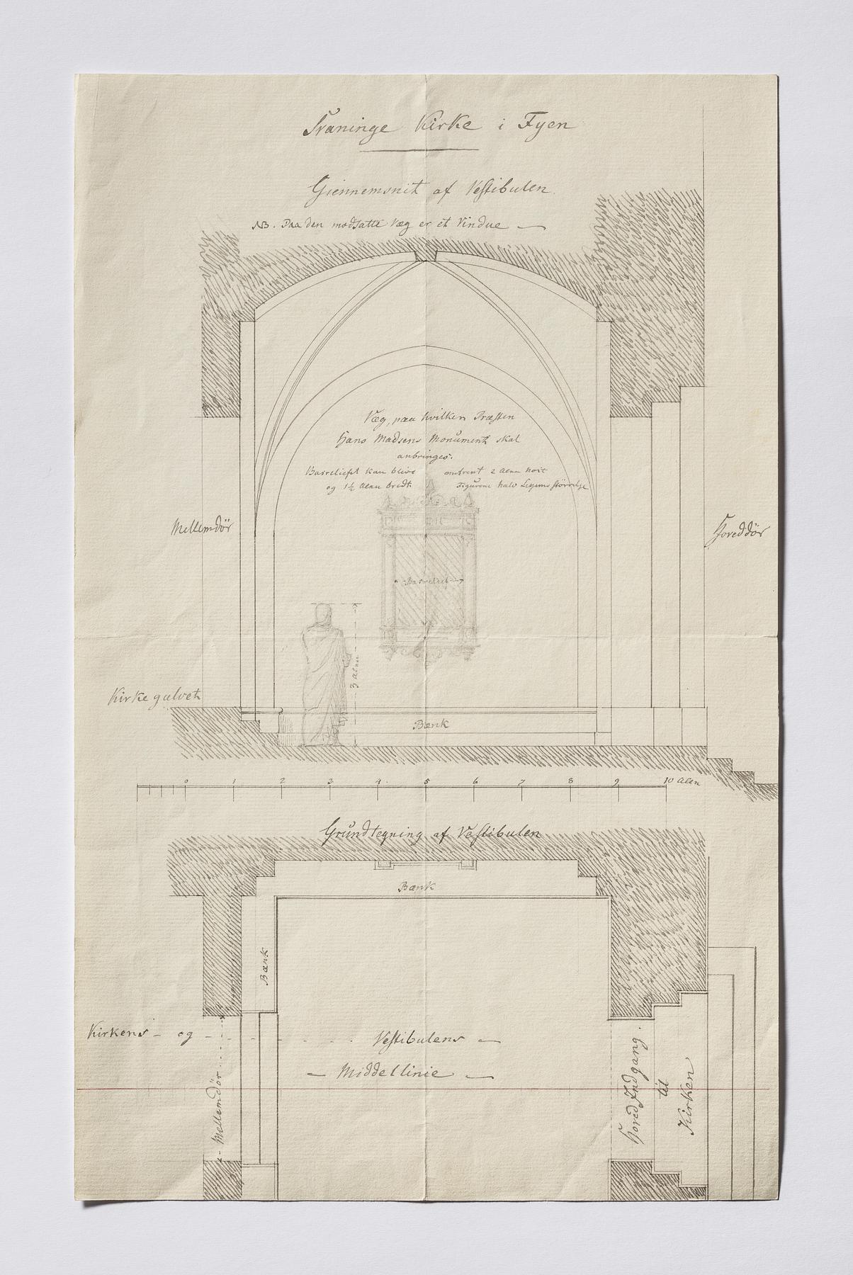 Våbenhuset til Svanninge kirke, grundplan og snit med forslag til reliefopstilling, D1565