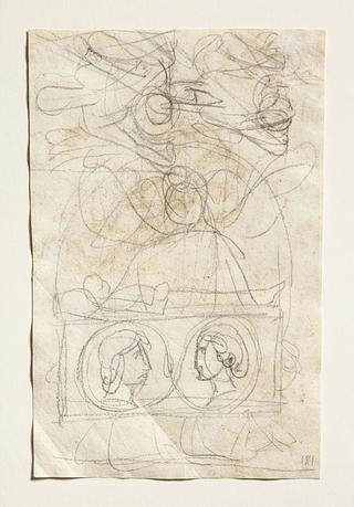 C181v Unknown sepulchral monument with an angel holding a tablet and a recumbent figure. River gods