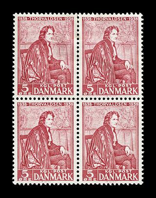 E2352 Firblok af frimærker med Portræt af Thorvaldsen i San Luca-Akademiets dragt