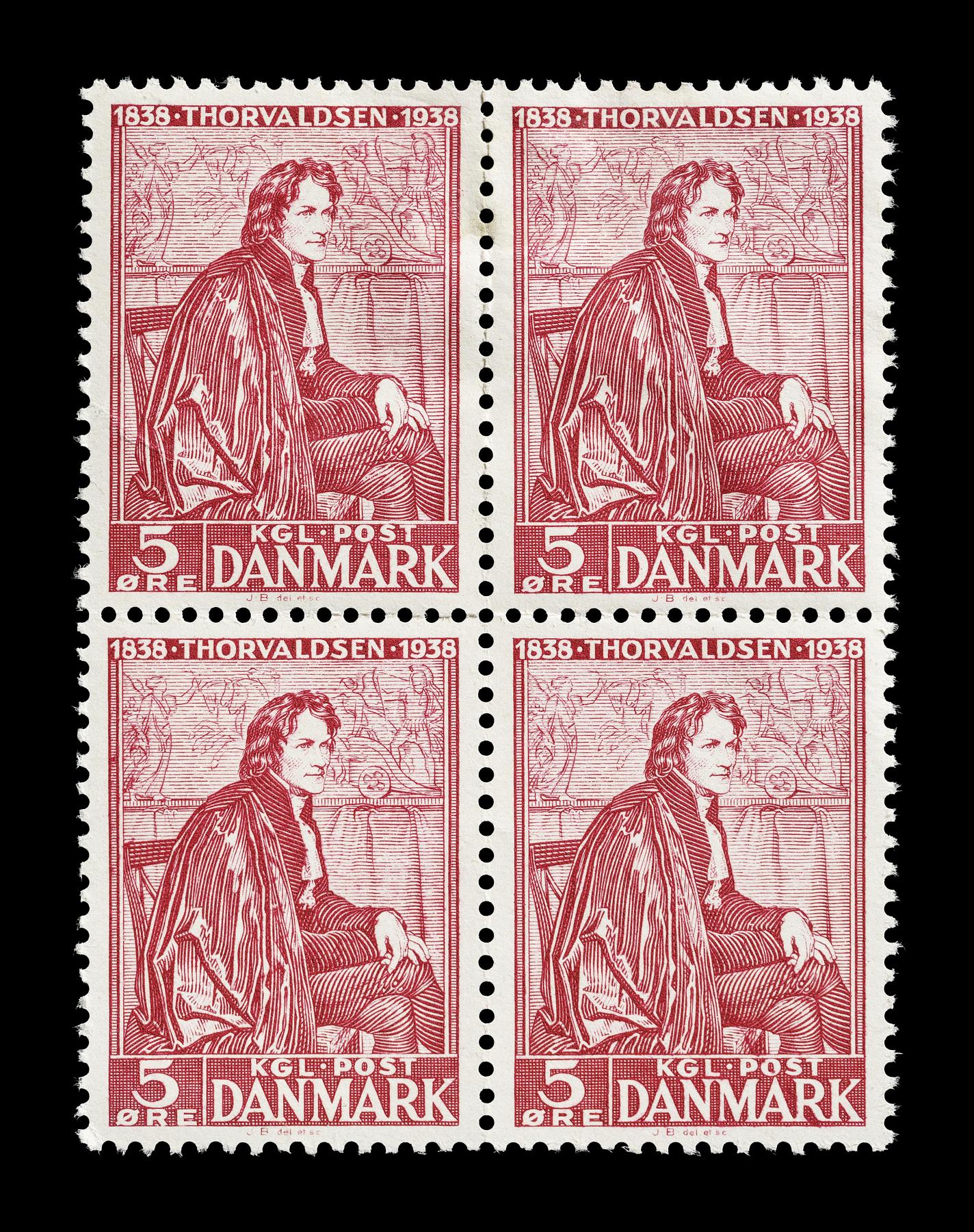 Firblok af frimærker med Portræt af Thorvaldsen i San Luca-Akademiets dragt, E2352