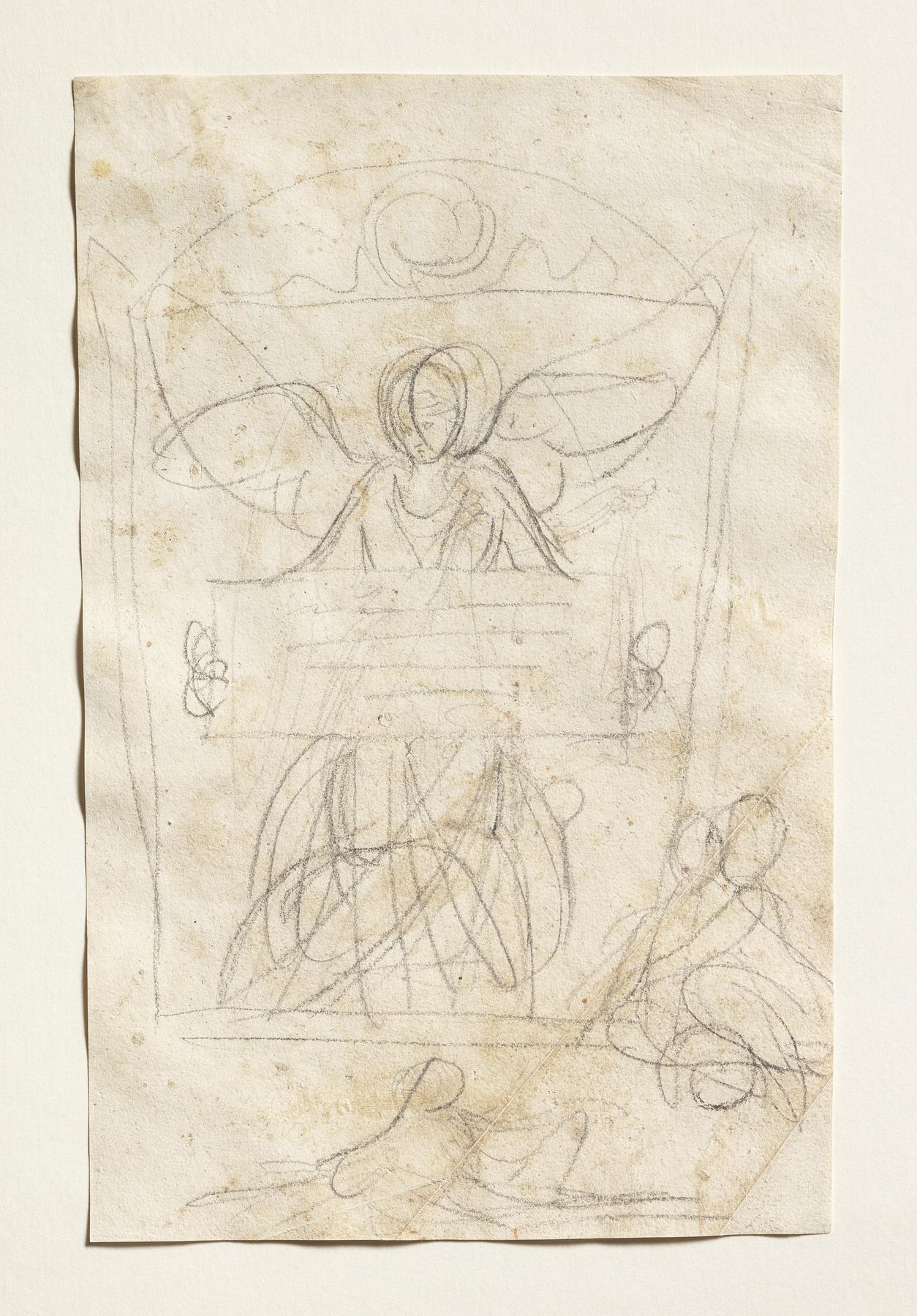 Ubekendt gravmæle med en engel der holder en tavle. Flodguder, C181r