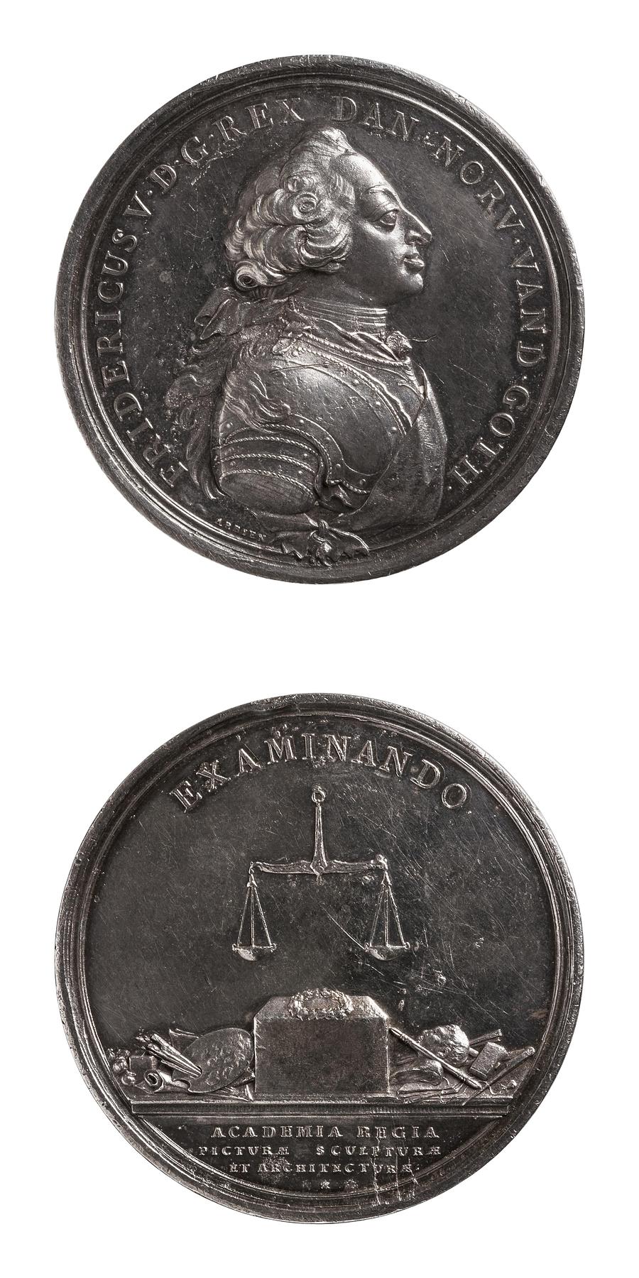 Medal obverse: Frederik 5. Medal reverse: Scale and attributes of the arts, F33