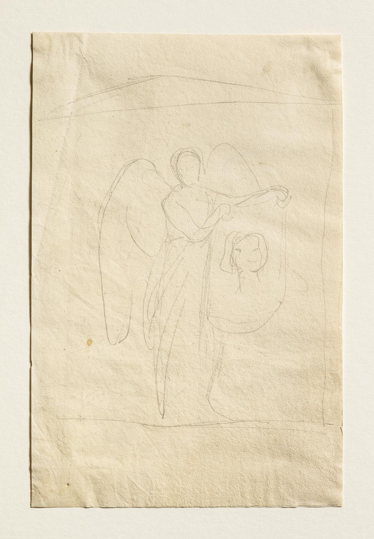 Engel der holder et klæde med en portrætskitse til ubekendt gravmæle, C178