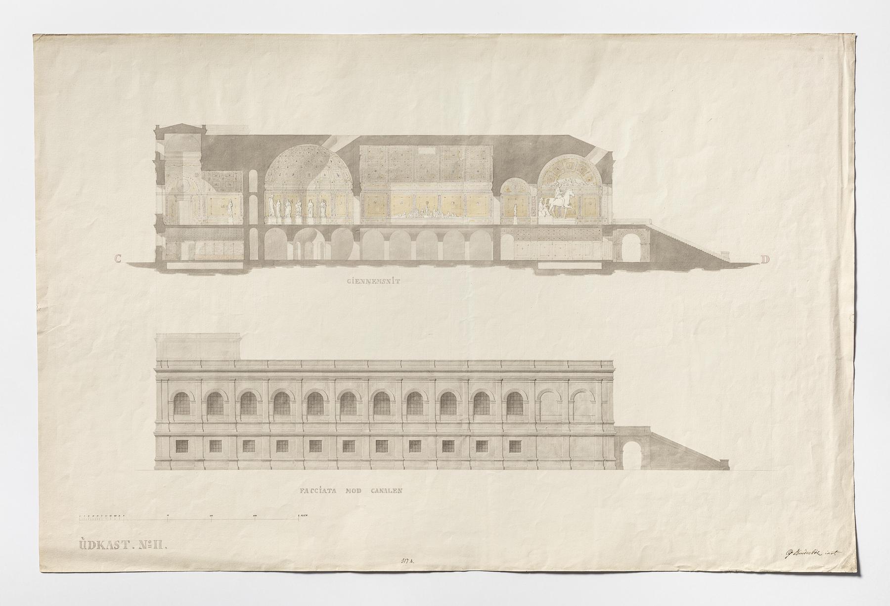 Thorvaldsens Museum, Sketch No. 2 for Longitudional Section and Elevation of Facade towards the Chanel, D1609