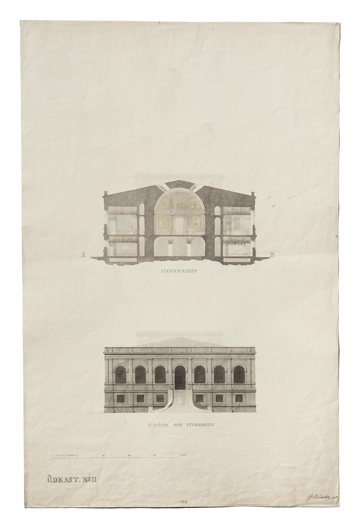 Thorvaldsens Museum, Sketch No. 2 for Cross Section and Elevation of the Facade towards Stormbroen, D1610
