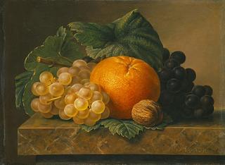 B231 Nature morte med frugter på en marmorbordplade