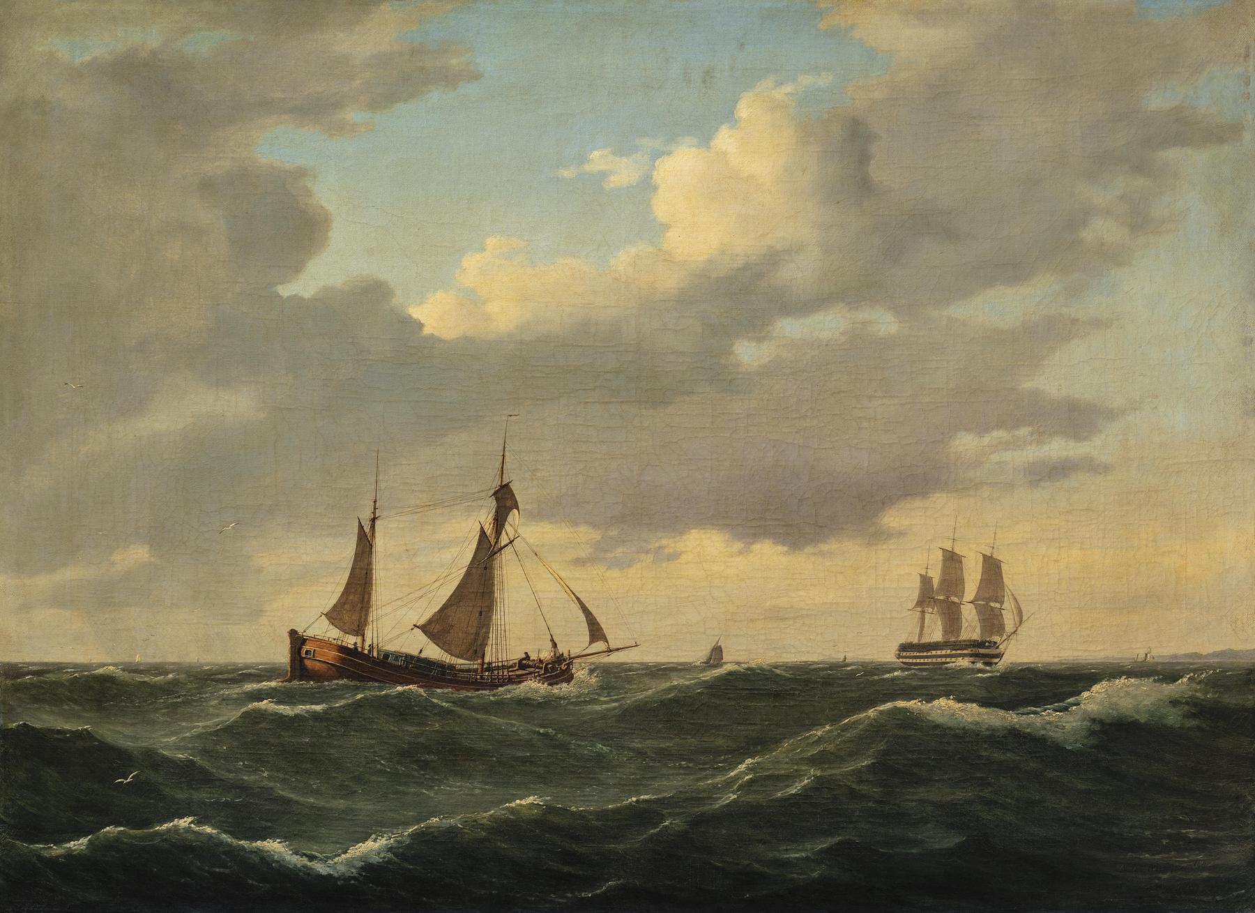En hollandsk kuf og et linjeskib i mærssejlskuling, B264
