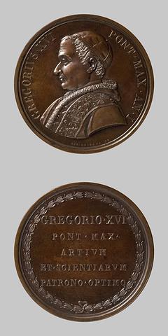 F47 Medaljens forside: Pave Gregor 16. Medaljens bagside: Laurbærkrans og indskrift